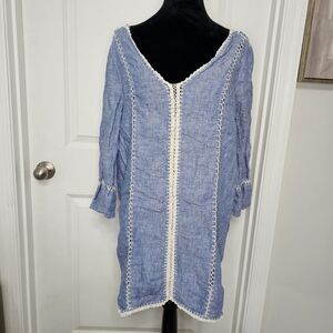 Joie Warby 100% Linen Blue Tunic Dress Cover Up with Embroidery Size Medium